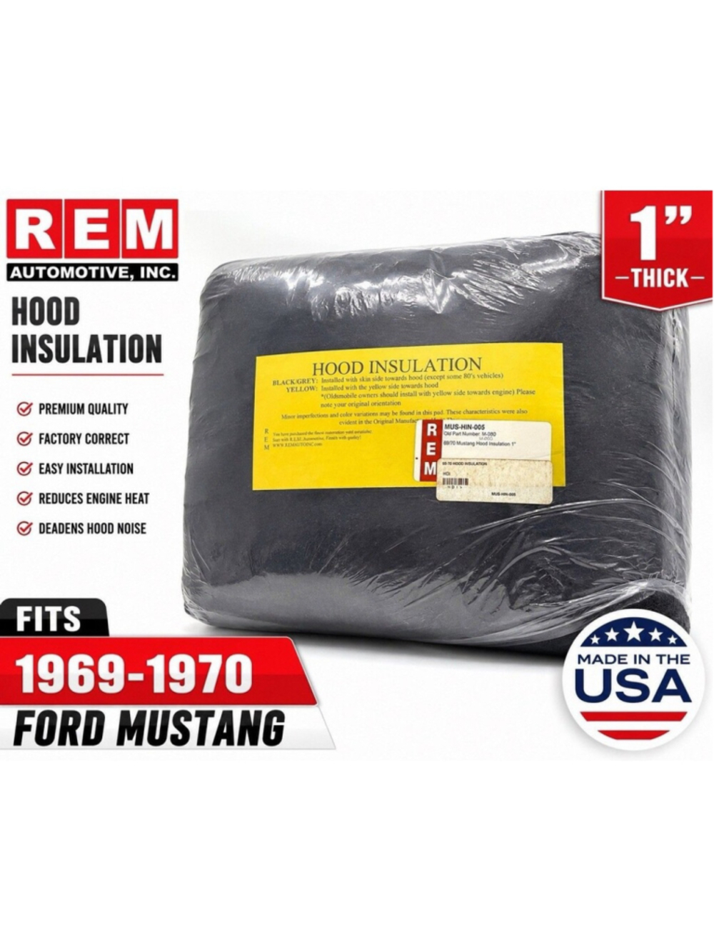 1969-1970 Mustang Hood Insulation Pad REM MUS-HIN-005 1” New